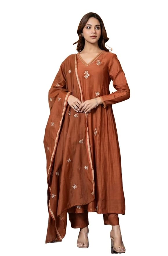 Solid Anarkali Kurta and Pant Set with Dupatta