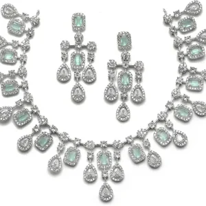 ZENEME Rhodium-Plated Silver Toned Square Shaped American Diamond Studded Necklace with Earring