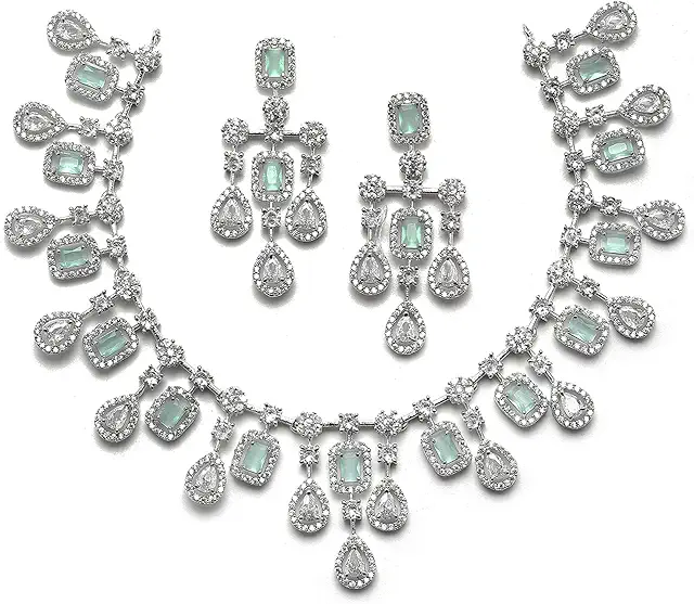 ZENEME Rhodium-Plated Silver Toned Square Shaped American Diamond Studded Necklace with Earring