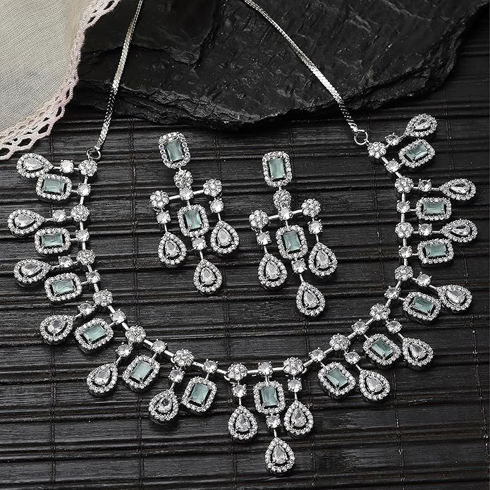 ZENEME Rhodium-Plated Silver Toned Square Shaped American Diamond Studded Necklace with Earring - Image 3