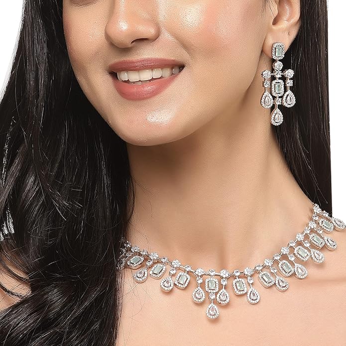 ZENEME Rhodium-Plated Silver Toned Square Shaped American Diamond Studded Necklace with Earring - Image 2